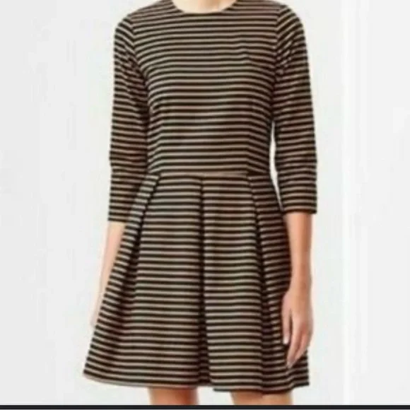 GAP Dress Women 0 Tan Black 3/4 Sleeves Zip Party Holiday Pockets Preppy Striped - Picture 1 of 15